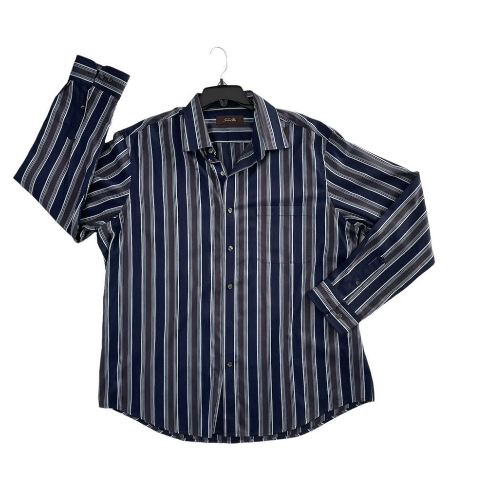 Tasso Elba Long Sleeve Button Up Gray Blue Stripped Dress Shirt Mens XL